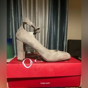 Impo Taupe Suede Ankle Tie Block Heel Pumps